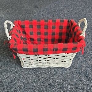Red and Black Plaid Lined White Wicker Basket